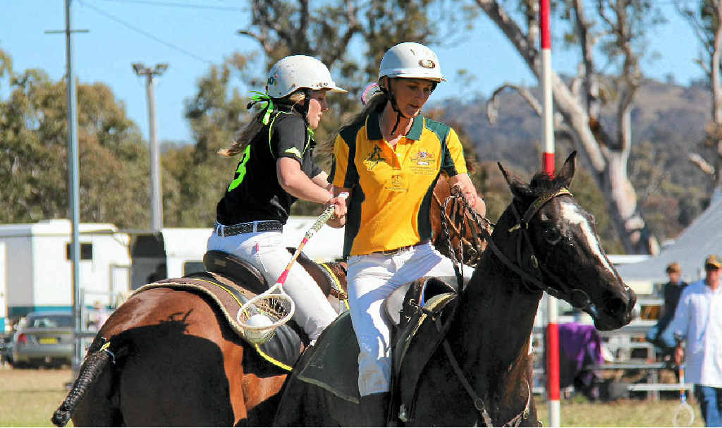 Local player Ryle Waugh tries to get a shot at goal for the Australian under-21 team in their match against the PAA Colts and Fillies at Bony Mountain Recreation Reserve yesterday.